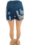 Donkerblauwe mode casual effen hoge taille normale denim shorts