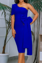 Patchwork solido elegante casual blu royal con abiti con colletto obliquo con fiocco