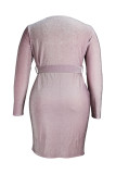 Светло-фиолетовый модный сексуальный однотонный уздечка яркий шелковый V-образный вырез с длинным рукавом платья больших размеров