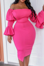 Roze casual effen patchwork off-shoulder onregelmatige jurkjurken