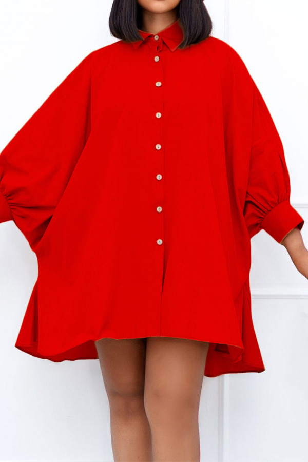 Vestidos de camisa social vermelho casual patchwork fivela decote virada para baixo