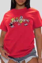 Camisetas con cuello en O de letras de patchwork con estampado casual de moda rojo