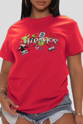 Red Fashion Casual Print Patchwork Letter O Neck T-Shirts