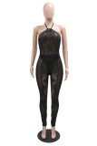 Black Fashion Sexy Patchwork Sequins See-through Backless Halter Skinny Jumpsuits