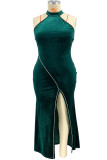 Green Sexy Solid Patchwork Backless Slit Hot Drill Halter Straight Plus Size Dresses
