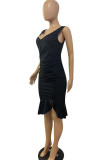 Black Sexy Solid Patchwork Flounce Fold Asymmetrical V Neck Irregular Dress Dresses