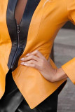 Casacos de colarinho com zíper assimétrico casual amarelo sólido patchwork