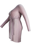 ライト パープル ファッション セクシー ソリッド フレニュラム 明るいシルク V ネック ロング スリーブ プラス サイズ ドレス