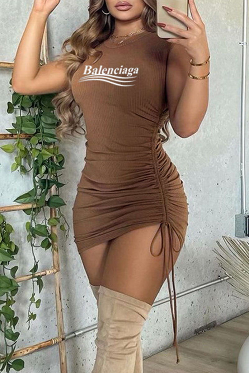 

Coffee Fashion Celebrities Letter Fold O Neck Dresses