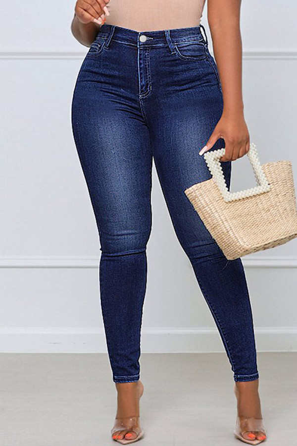 Tiefblaue, modische, lässige Patchwork-Basic-Jeans in Übergröße