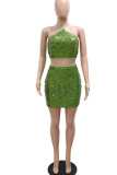 Green Sexy Solid Sequins Patchwork Halter Sleeveless Two Pieces