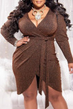 Brown Sexy Solid Patchwork With Belt Asymmetrical V Neck Irregular Dress Plus Size Dresses