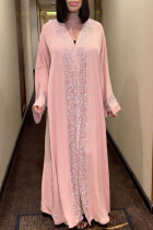 Розовые модные повседневные лоскутные платья больших размеров с V-образным вырезом и длинным рукавом