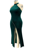 Green Sexy Solid Patchwork Backless Slit Hot Drill Halter Straight Plus Size Dresses