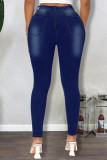 Голубые уличные однотонные рваные джинсы из денима обычного цвета с высокой талией в стиле пэчворк