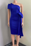 Royal Blue Casual Elegant Solid Patchwork With Bow Oblique Collar Dresses
