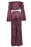 Rose violet mode décontracté imprimé Patchwork épaules dénudées manches longues deux pièces