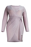 Mode violet clair Sexy Frenulum solide soie brillante col en V manches longues robes de grande taille
