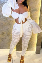 White Sexy Solid Split Joint See-through Off the Shoulder Long Sleeve Two Pieces