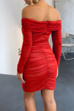 Vestidos de saia de um degrau em patchwork vermelho sexy e ombro a ombro