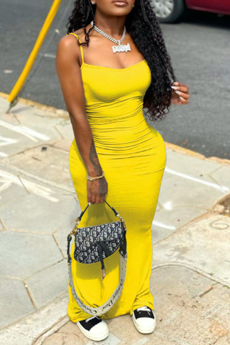 Yellow Casual Solid Split Joint Spaghetti Strap Pencil Skirt Dresses