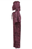 Розовый Фиолетовый Модный повседневный принт в стиле пэчворк с открытыми плечами и длинными рукавами из двух частей