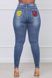 Diepblauwe mode casual patchwork basic grote maat jeans