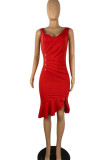 Red Sexy Solid Patchwork Flounce Fold Asymmetrical V Neck Irregular Dress Dresses