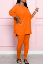 オレンジファッションカジュアルソリッドベーシックOネック長袖ツーピース