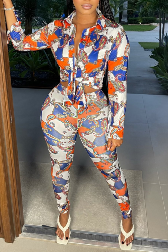 Multi-color Sexy Print Patchwork Turndown Collar Long Sleeve Two Pieces