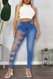 Diepblauwe street effen gescheurde patchwork regular denim jeans met hoge taille