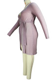 Violet clair Sexy solide Patchwork avec ceinture asymétrique col en V robe irrégulière robes de grande taille