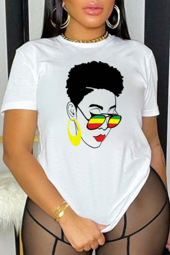 White Fashion Street Print Patchwork O Neck T-Shirts