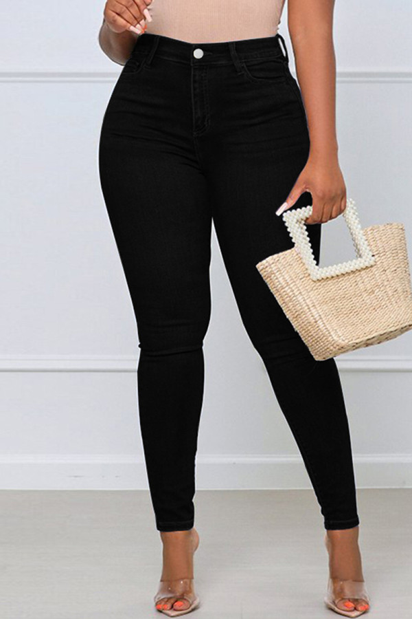 Jeans de talla grande básicos de patchwork casual de moda negro