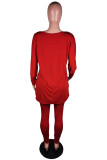 Rose Red Fashion Casual Solid Basic O Neck Long Sleeve Two Pieces