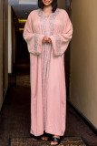 Розовые модные повседневные лоскутные платья больших размеров с V-образным вырезом и длинным рукавом