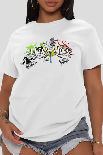 White Fashion Casual Print Patchwork Letter O Neck T-Shirts