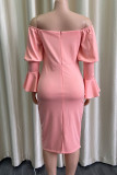 Розово-розовые повседневные однотонные лоскутные платья с открытыми плечами и нерегулярными платьями