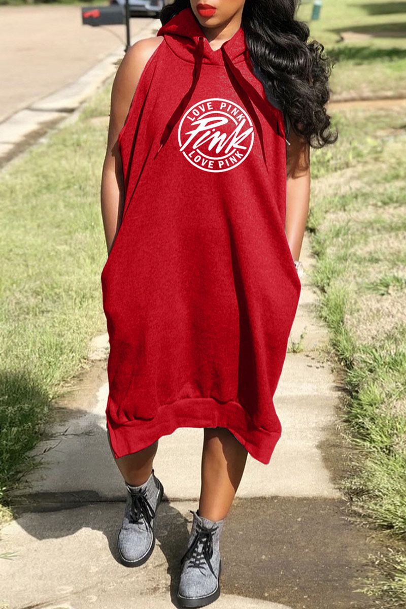 Red Fashion Sexy Letter Split Joint Hooded Collar Straight Dresses