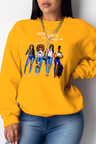 Yellow Fashion Street Print Patchwork O Neck Tops