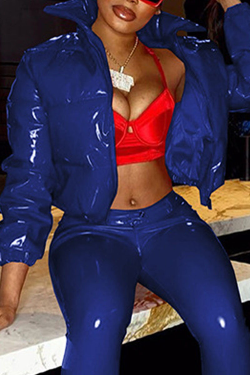 

Blue Casual Solid Split Joint Zipper Turtleneck Outerwear
