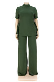 Green Fashion Casual Solid Bandage Slit Turtleneck Plus Size Two Pieces