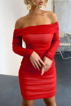 Vestidos de falda de un paso con pliegues en el hombro con retazos sólidos sexy rojo