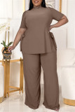 Brownness Fashion Casual Solid Bandage Slit Turtleneck Plus Size Two Pieces