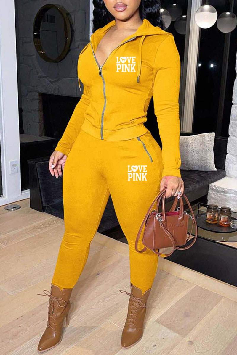 

Yellow Fashion Casual Letter Split Joint Hooded Collar Long Sleeve Two Pieces