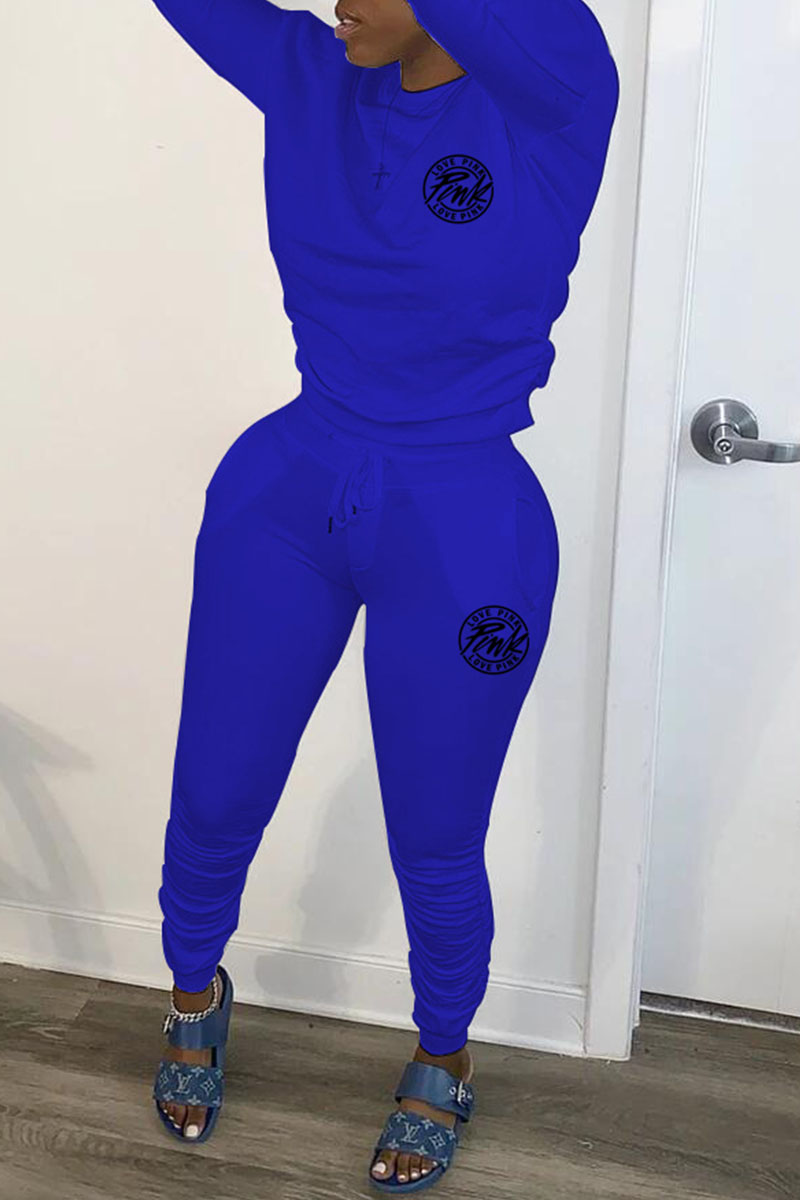 

Royal Blue Fashion Casual Letter Split Joint O Neck Long Sleeve Two Pieces