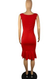 Röd Sexig Solid Patchwork Volang Vik Asymmetrisk V-hals oregelbunden klänning klänningar