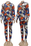 Multi-color Sexy Print Patchwork Turndown Collar Long Sleeve Two Pieces