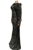 Schwarze, elegante, einfarbige, schulterfreie Abendkleider mit Patchwork-Federn und Pailletten