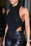 Black Sexy Casual Solid Backless Asymmetrical Turtleneck Tops